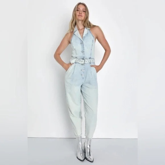 Blank NYC Call My Name Light Blue Denim Halter Jumpsuit sz Small NWT - Picture 1 of 14